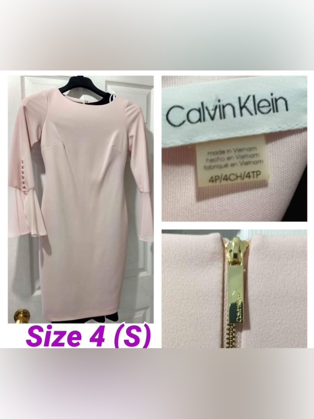 Calvin Klein Blush Pink Midi Sheath Dress with Bell Sleeves(M)